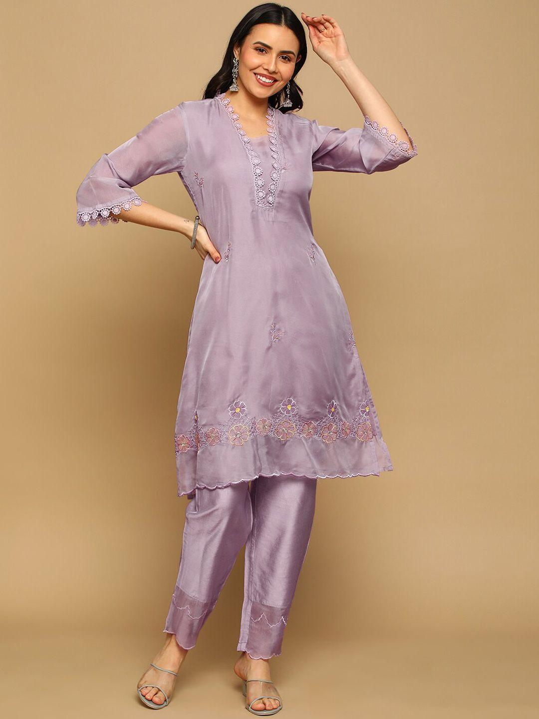 heeposh floral embroidered v neck kurta with trousers & dupatta