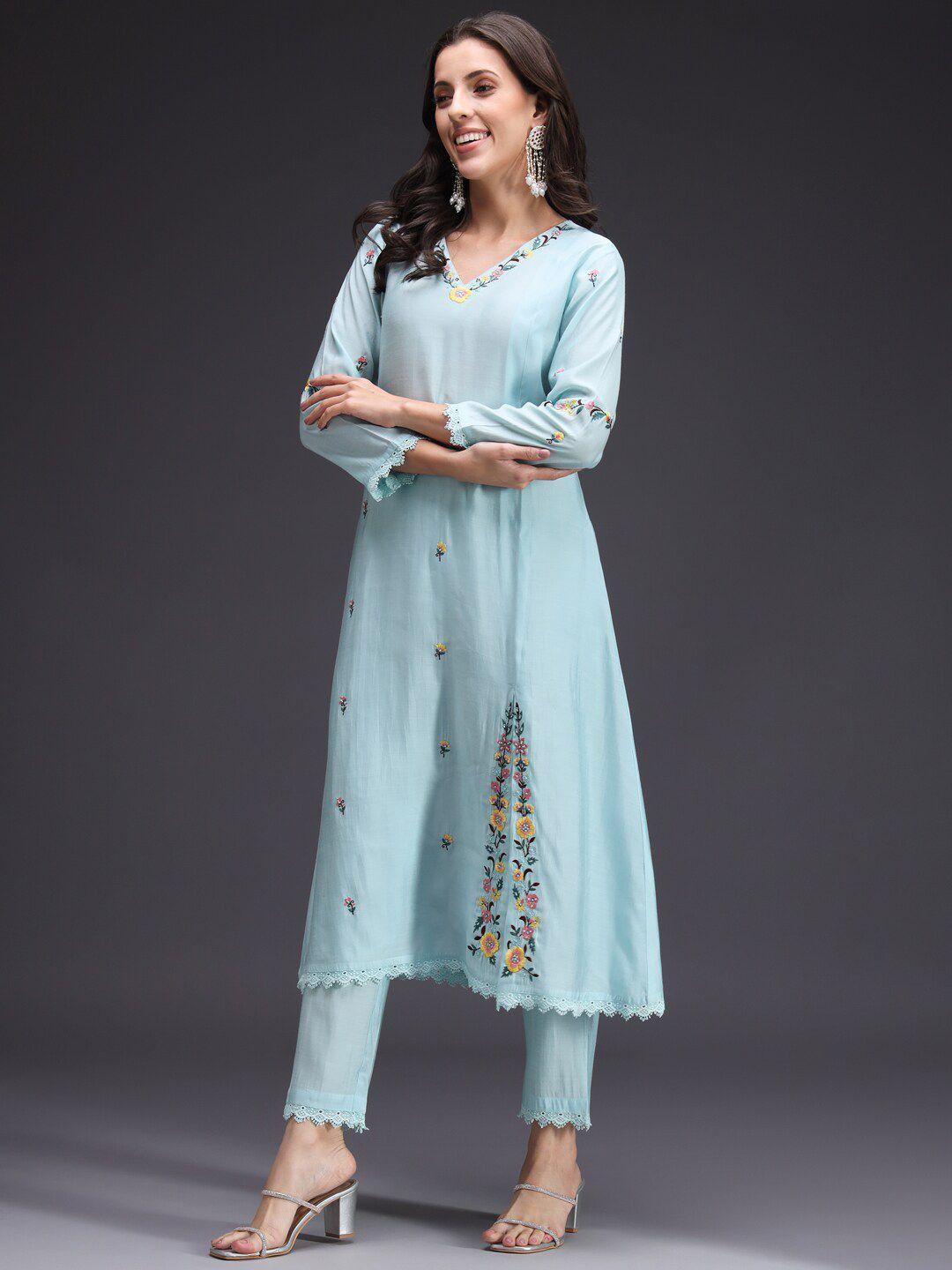 heeposh floral embroidered v-neck thread work a-line kurta with trousers