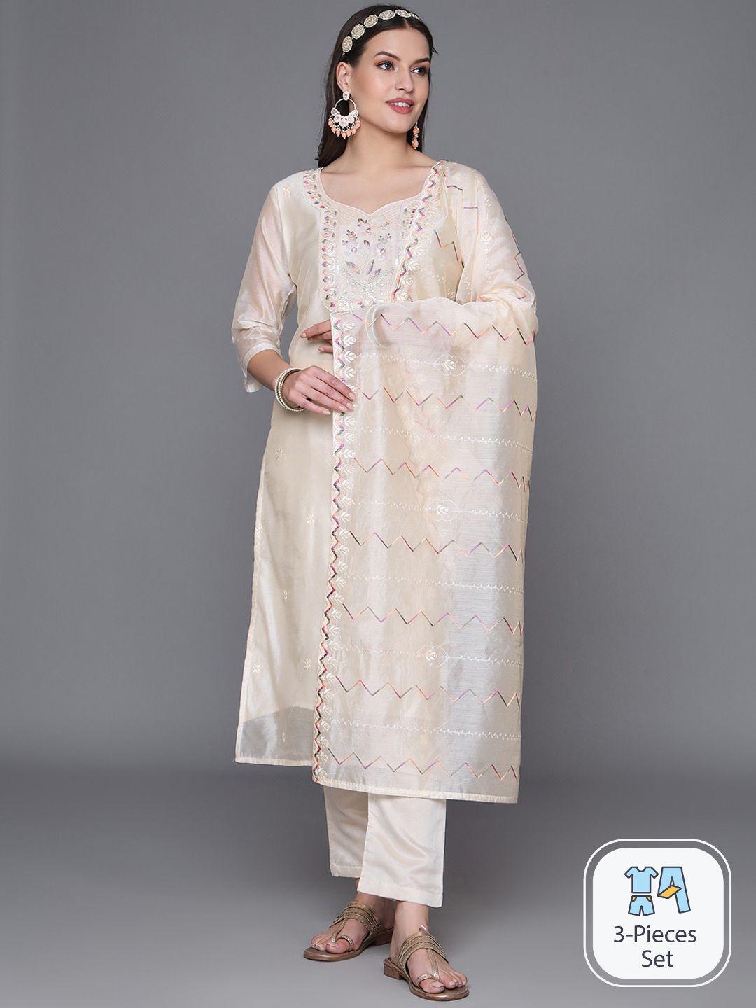 heeposh floral embroidered yoke sequined kurta & trousers with dupatta