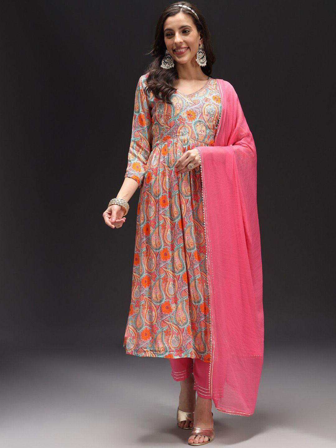 heeposh floral printed anarkali silk crepe kurta with trousers & dupatta