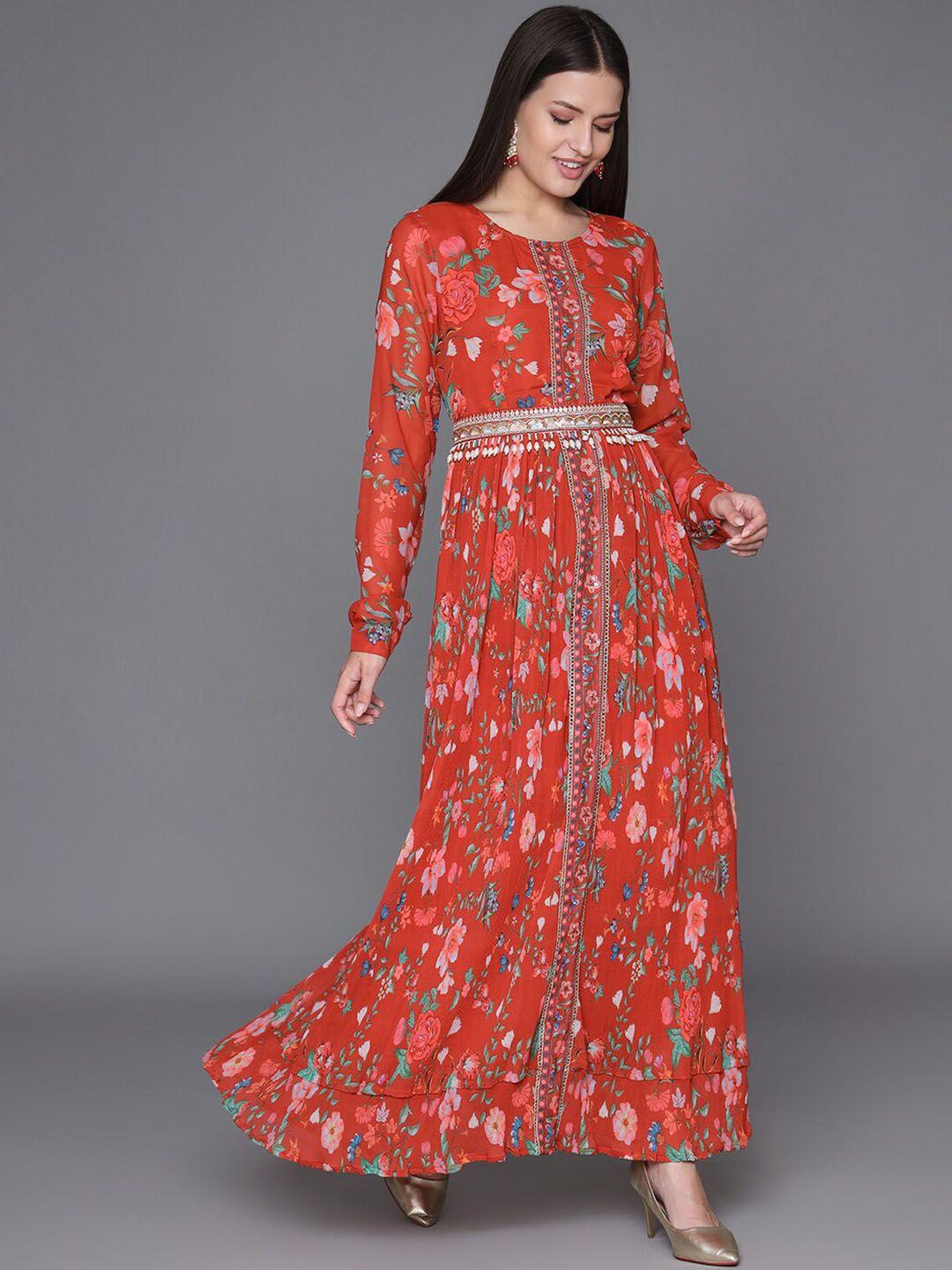 heeposh floral printed georgette fit & flare ethnic dress with organza dupatta and belt
