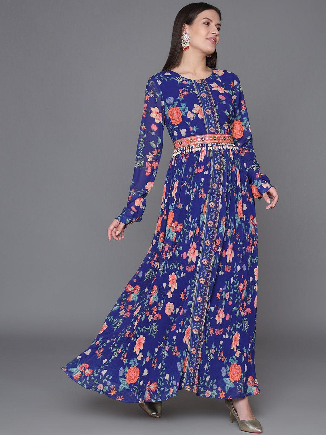 heeposh floral printed georgette fit & flare maxi ethnic dress with dupatta