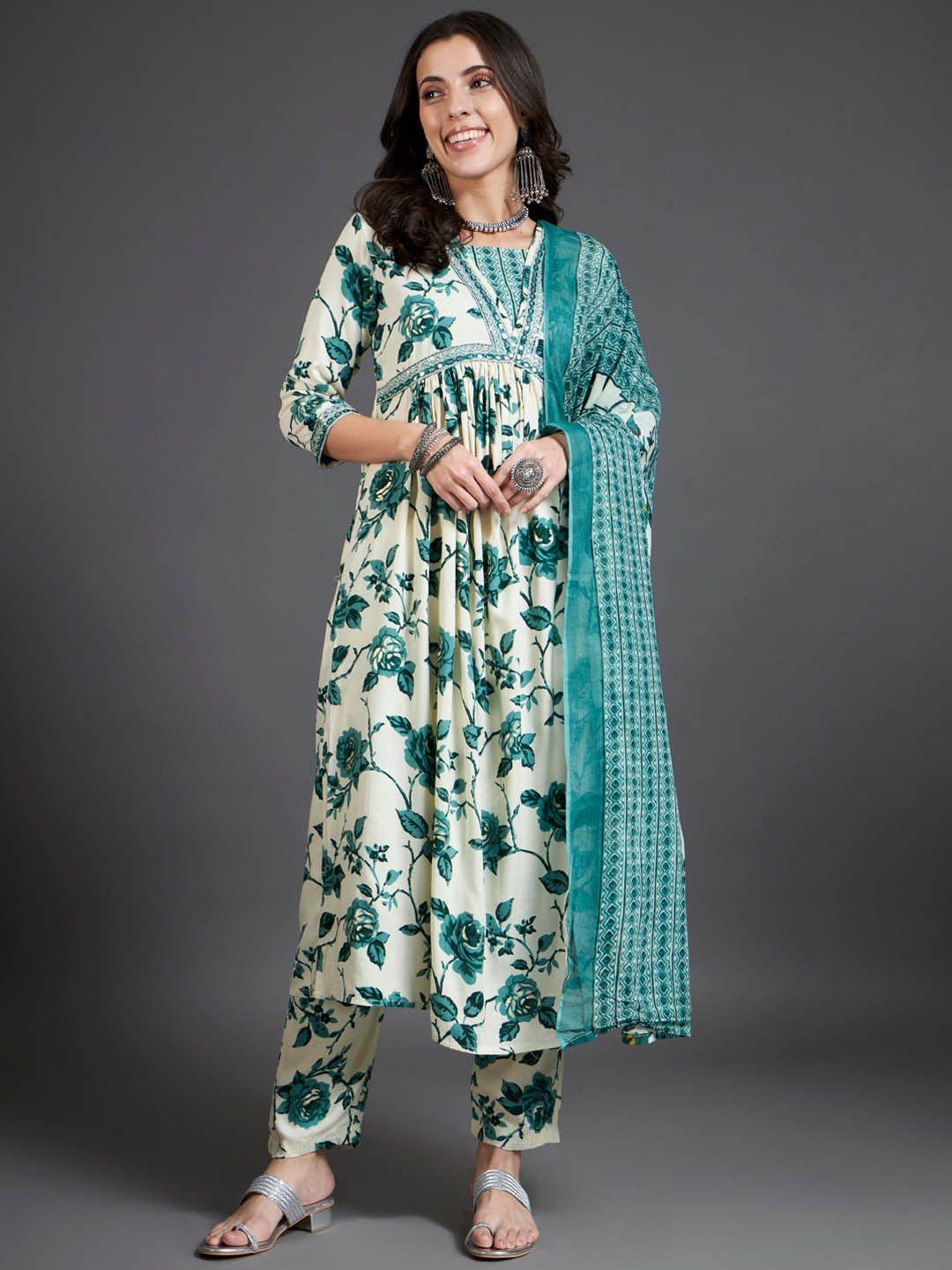 heeposh floral printed mirror work detailed a-line kurta & trousers with dupatta