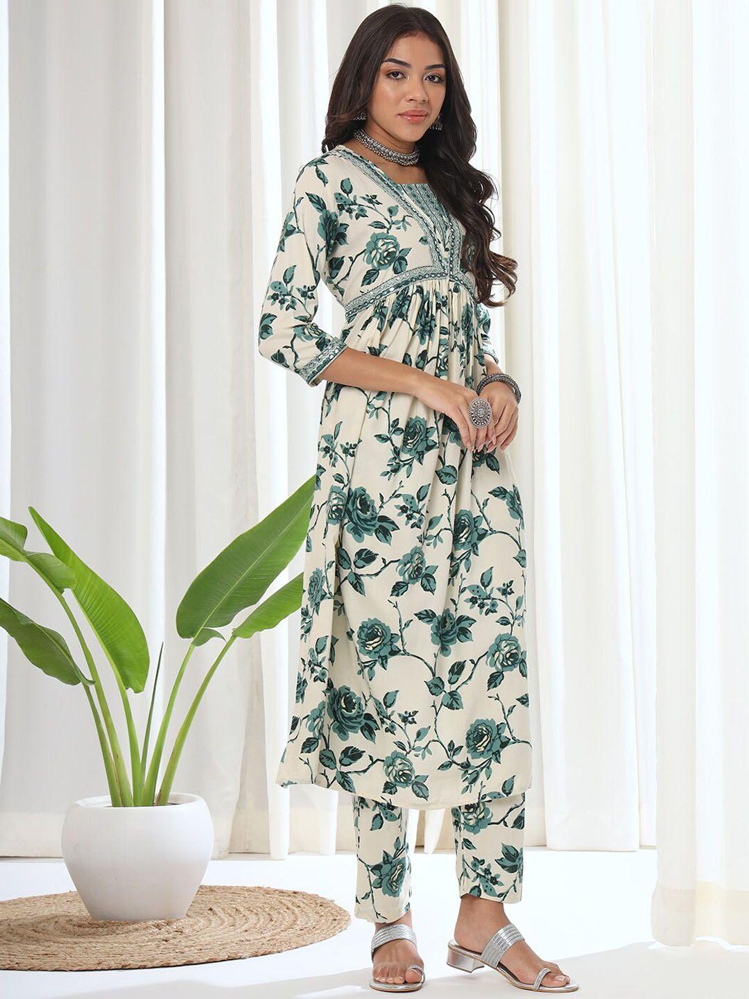 heeposh floral printed pleated a-line kurta with trousers & dupatta