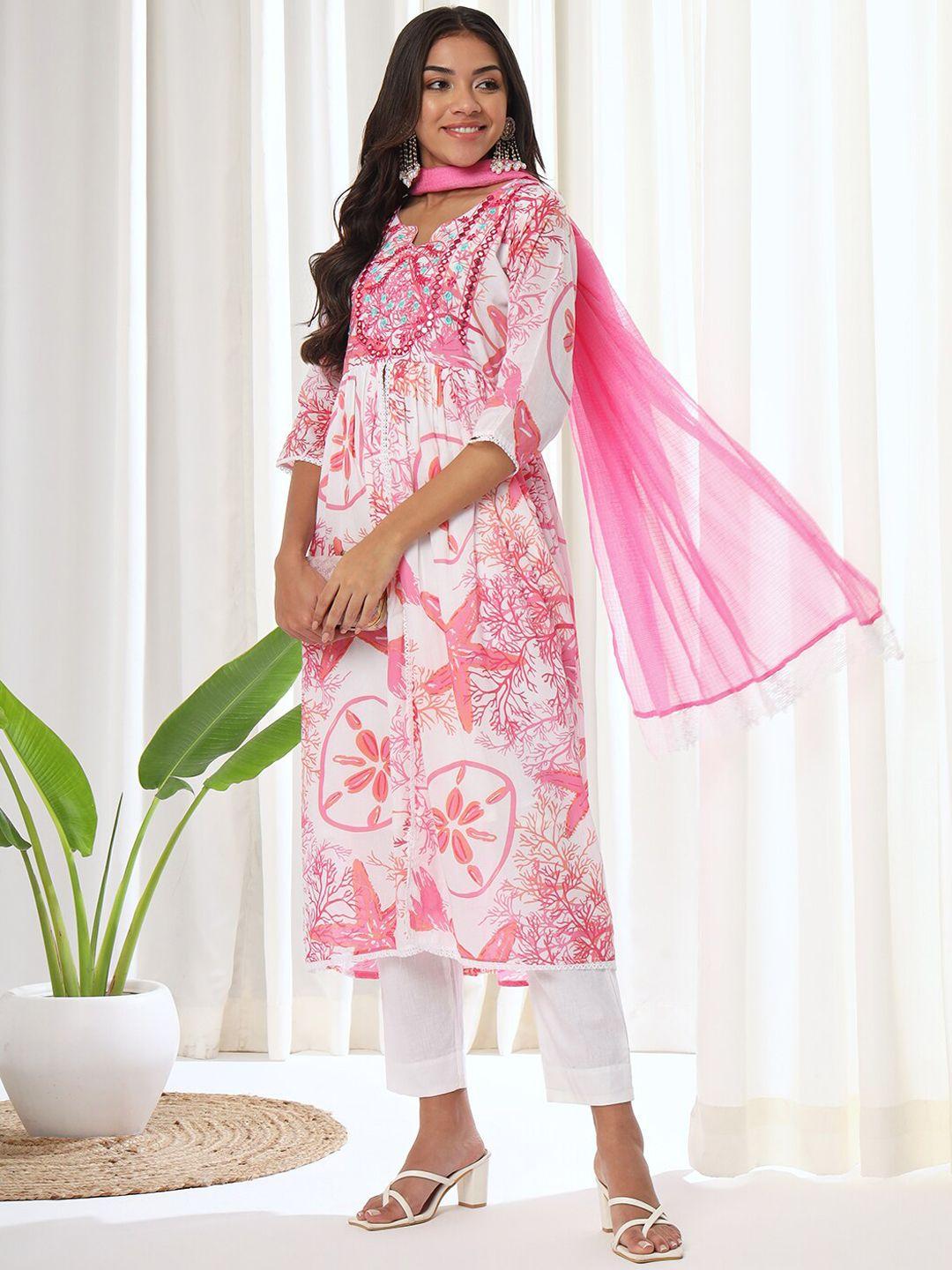 heeposh floral printed pleated thread work kurta with trousers &  dupatta