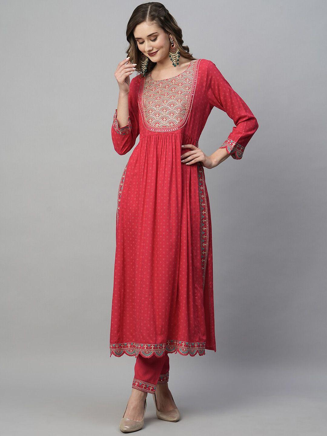 heeposh floral printed thread work detail pleated a-line kurta with trousers & dupatta