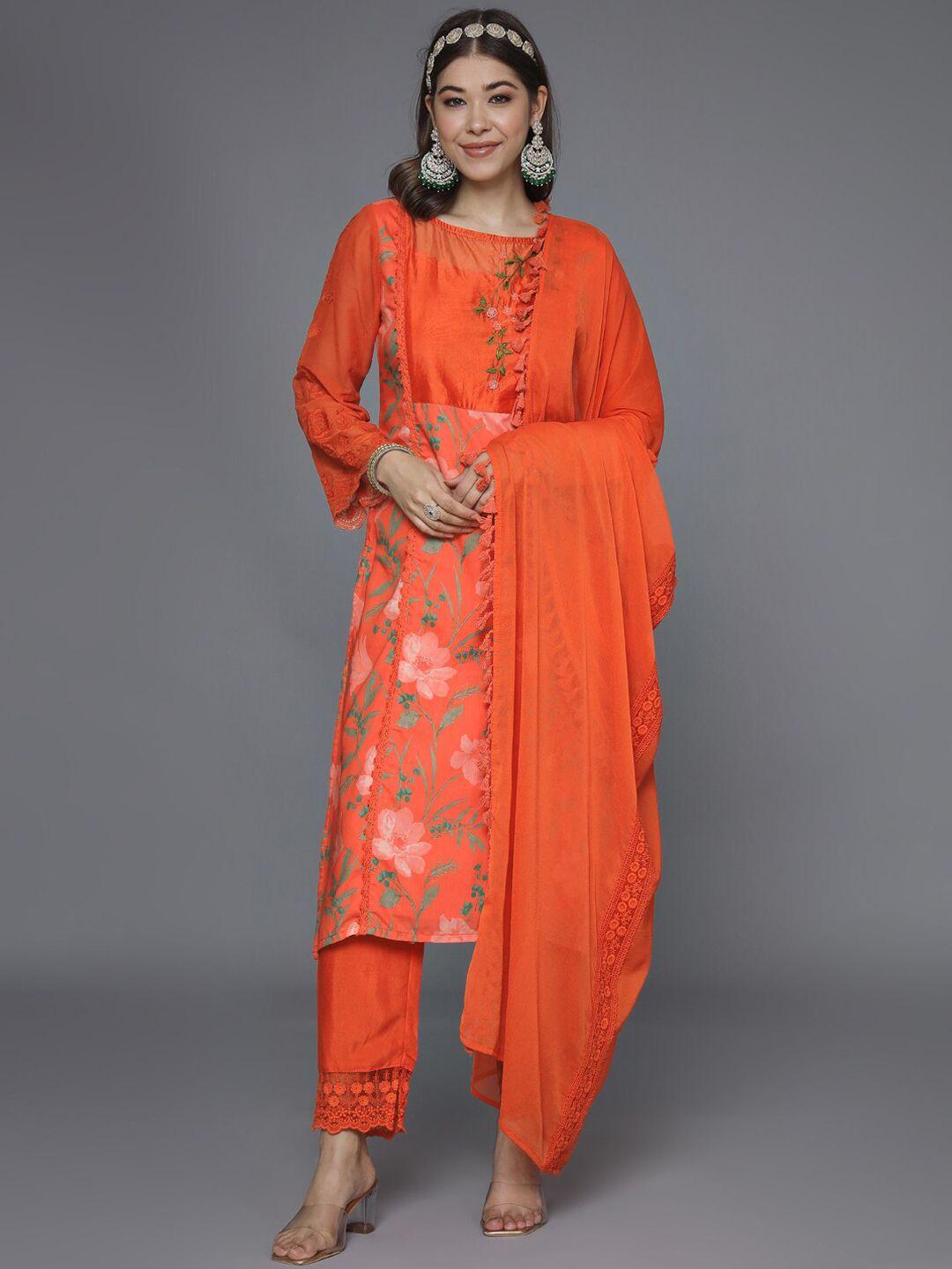 heeposh floral printed thread work detailed straight kurta & trousers with dupatta