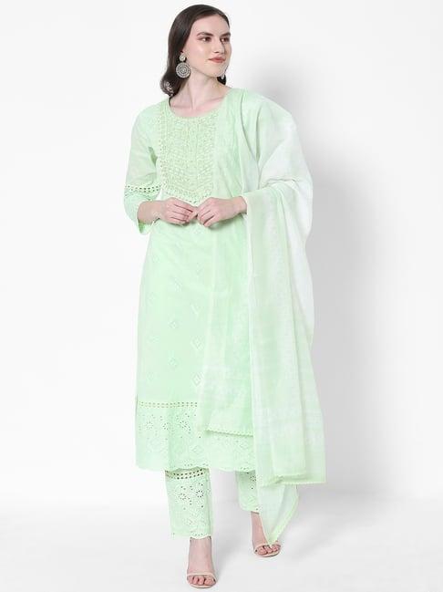 heeposh green cotton embroidered kurta pant set with dupatta