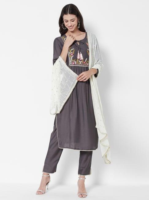 heeposh grey embroidered kurta pant set with dupatta