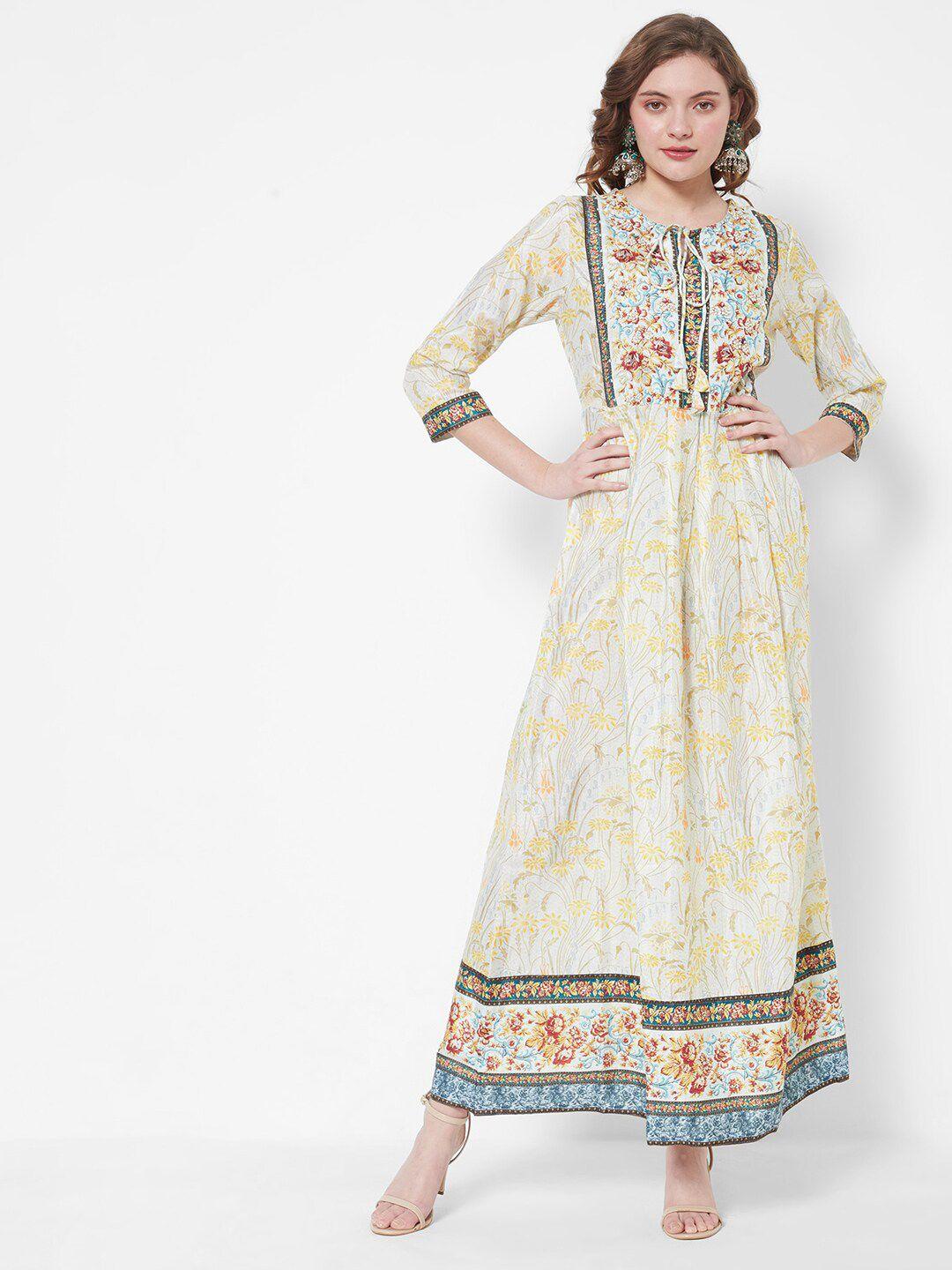 heeposh off white & yellow floral printed tie-up neck ethnic maxi dress