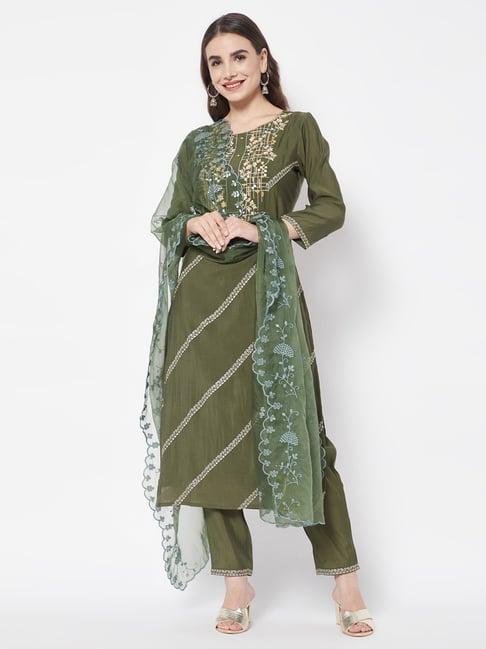 heeposh olive green embroidered kurta pant set with dupatta
