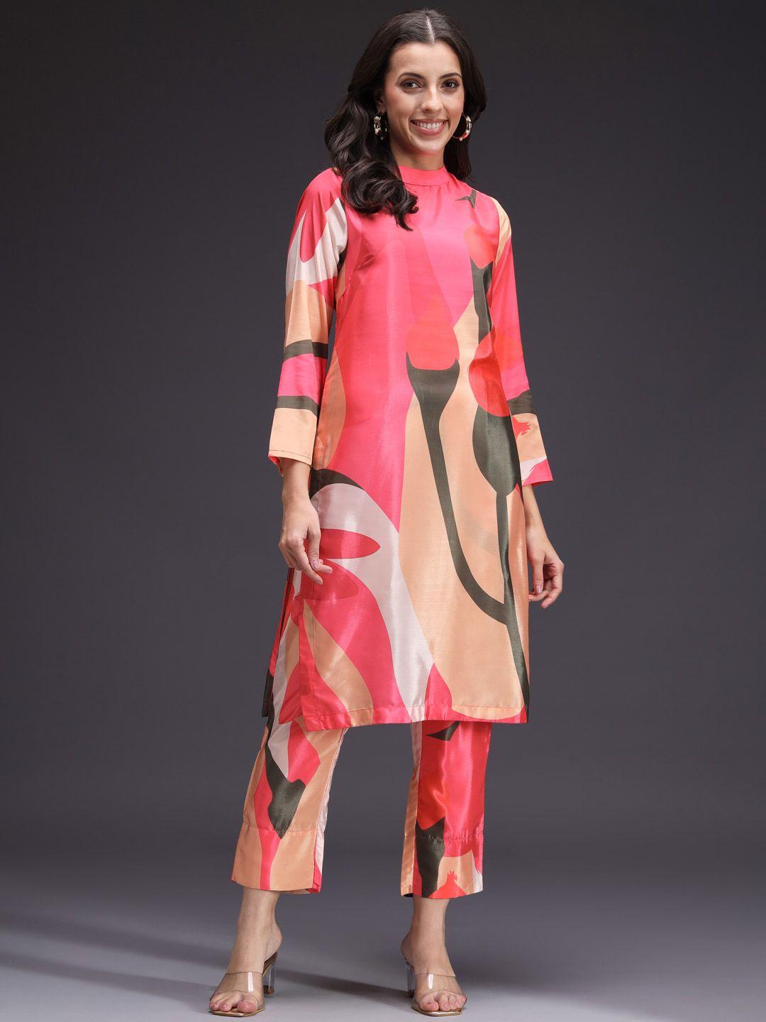 heeposh pink abstract printed straight  kurta with trousers