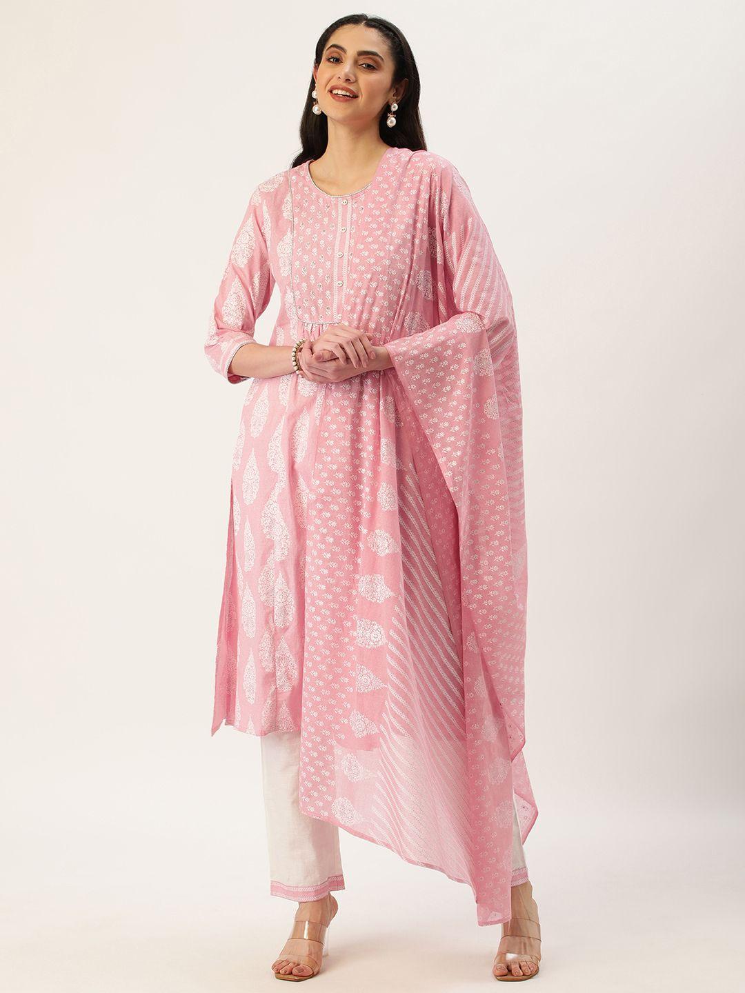 heeposh pink paisley printed pure cotton kurta with trousers & dupatta