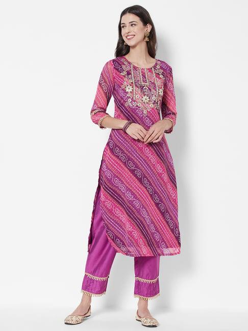 heeposh purple & pink embroidered kurta pant set with dupatta