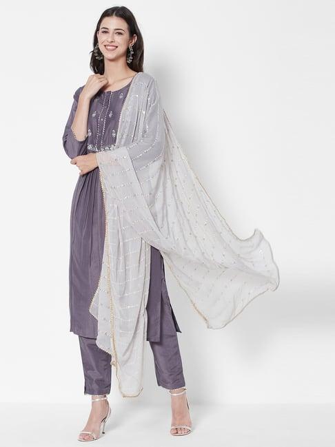 heeposh purple embroidered kurta pant set with dupatta