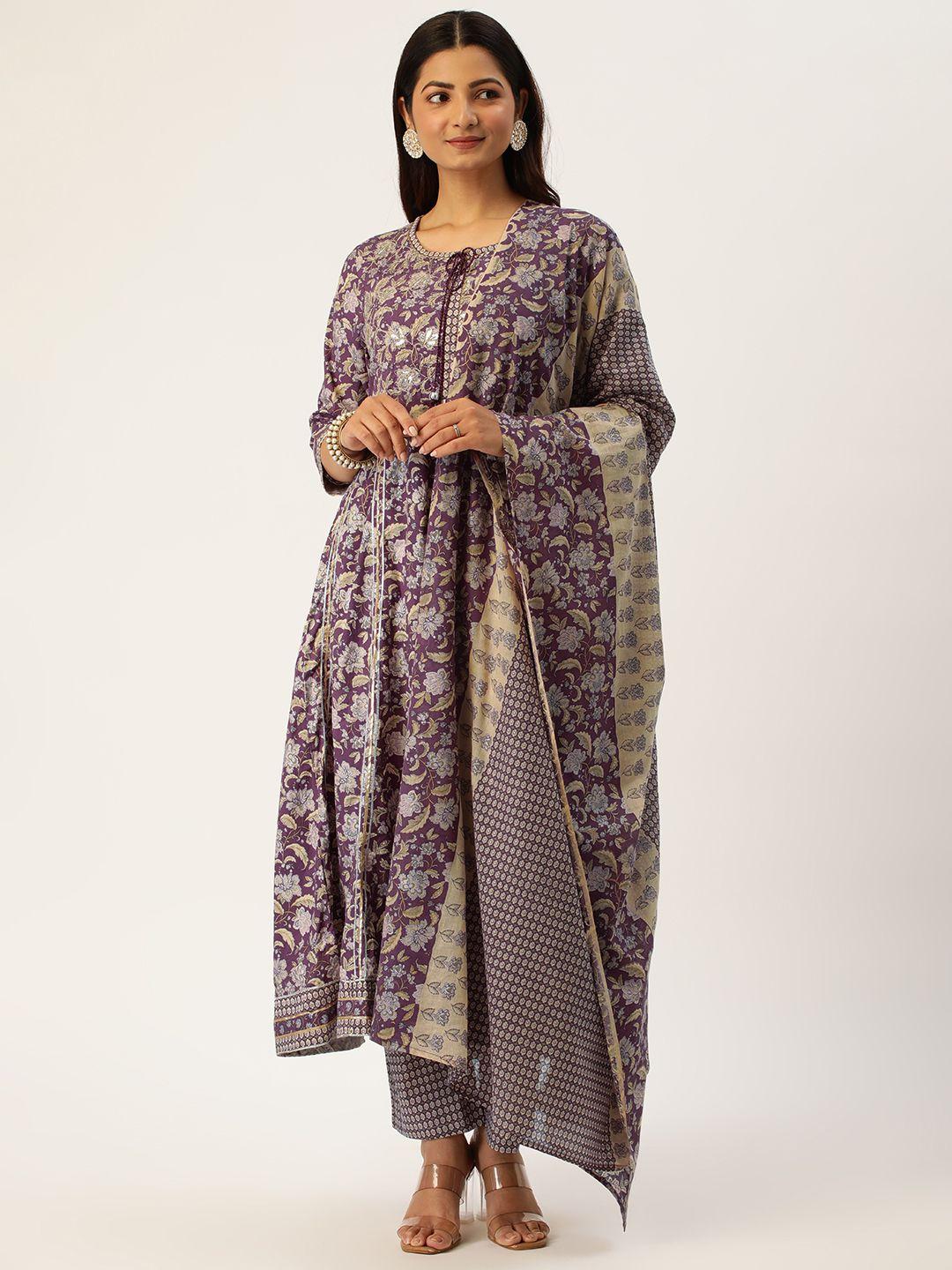 heeposh purple printed pure cotton anarkali kurta with trousers & dupatta