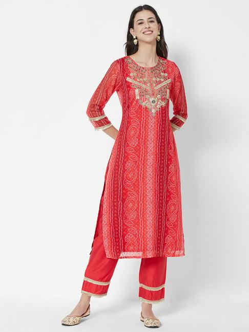 heeposh red embroidered kurta pant set with dupatta