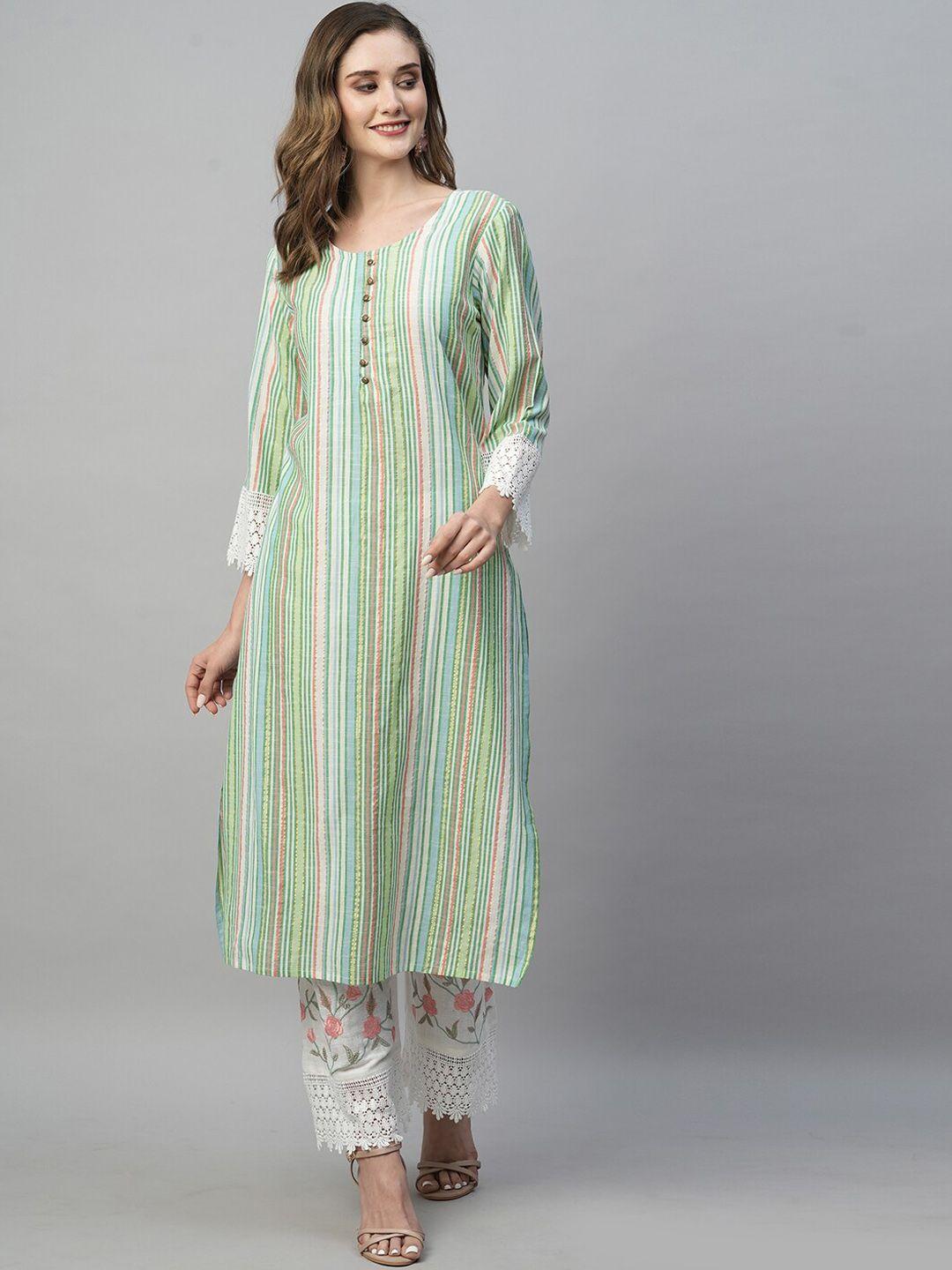 heeposh round neck striped regular thread work kurta & trousers with dupatta