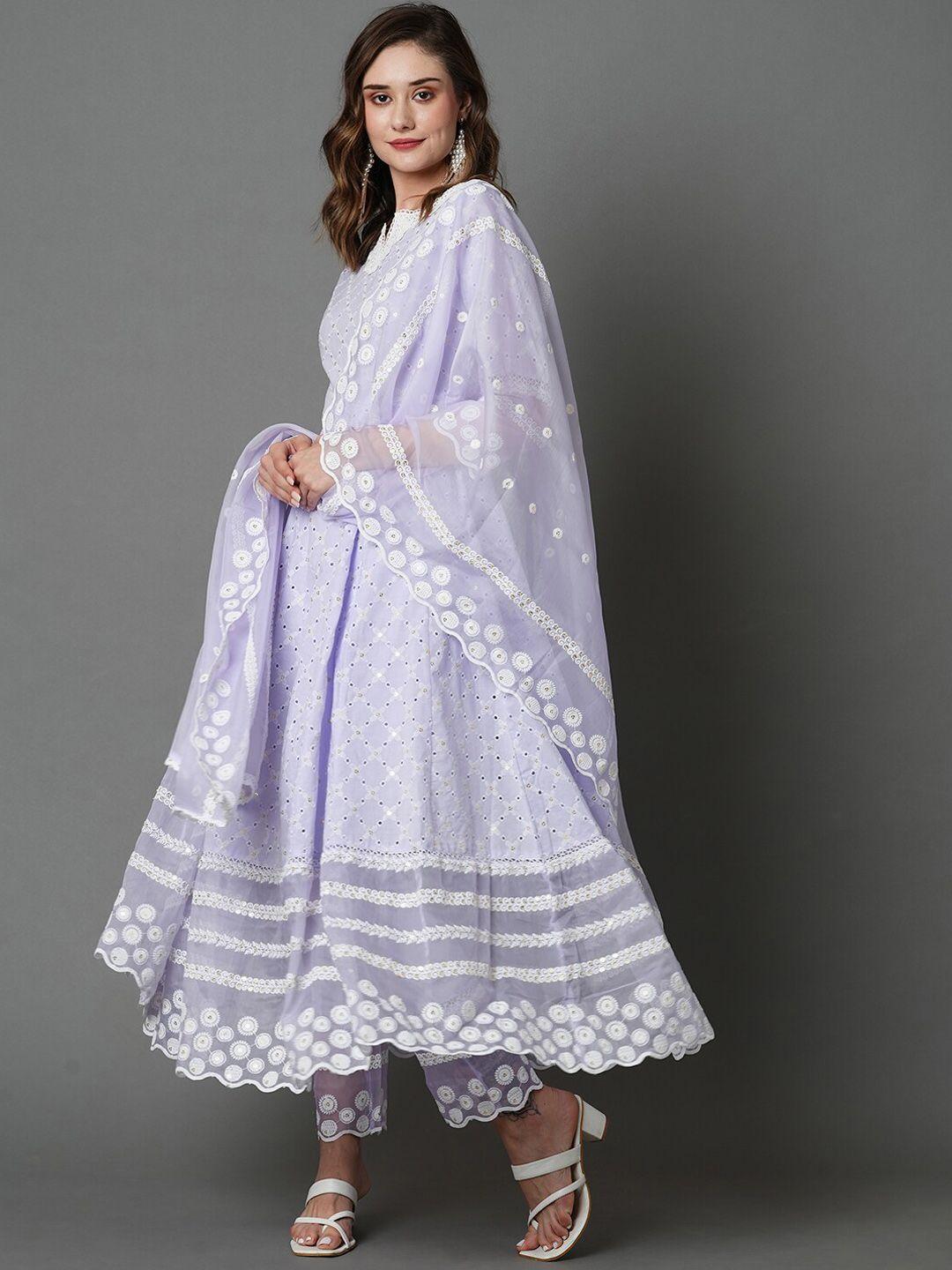 heeposh schiffli chikankari pure cotton anarkali kurta with trousers & dupatta