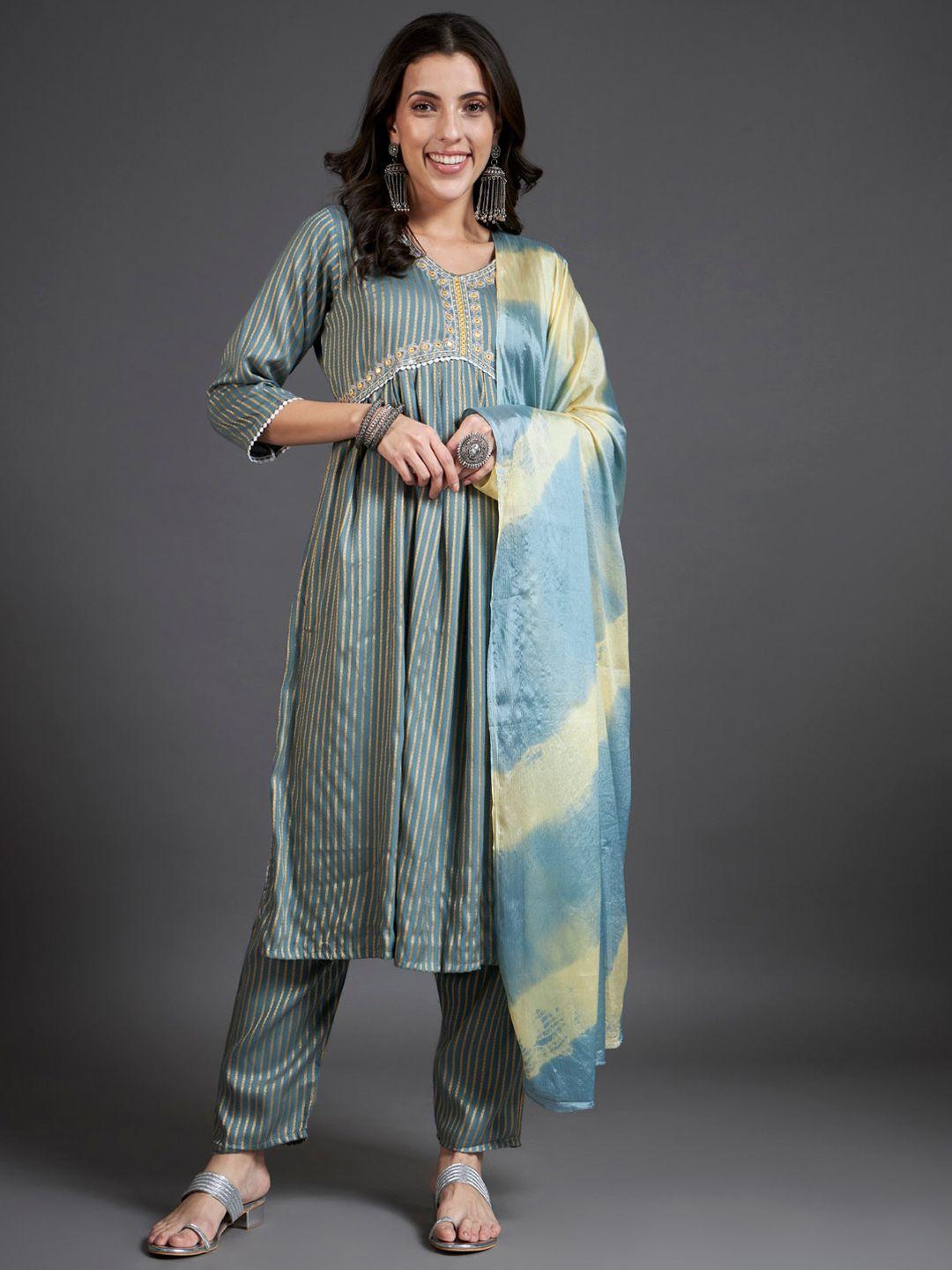 heeposh striped mirror work empire a-line kurta & trousers with dupatta