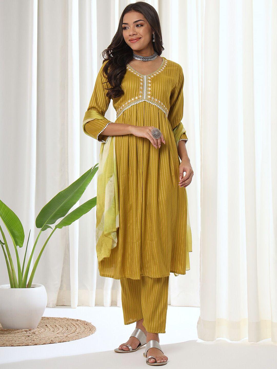 heeposh striped printed mirror work kurta & trousers with dupatta