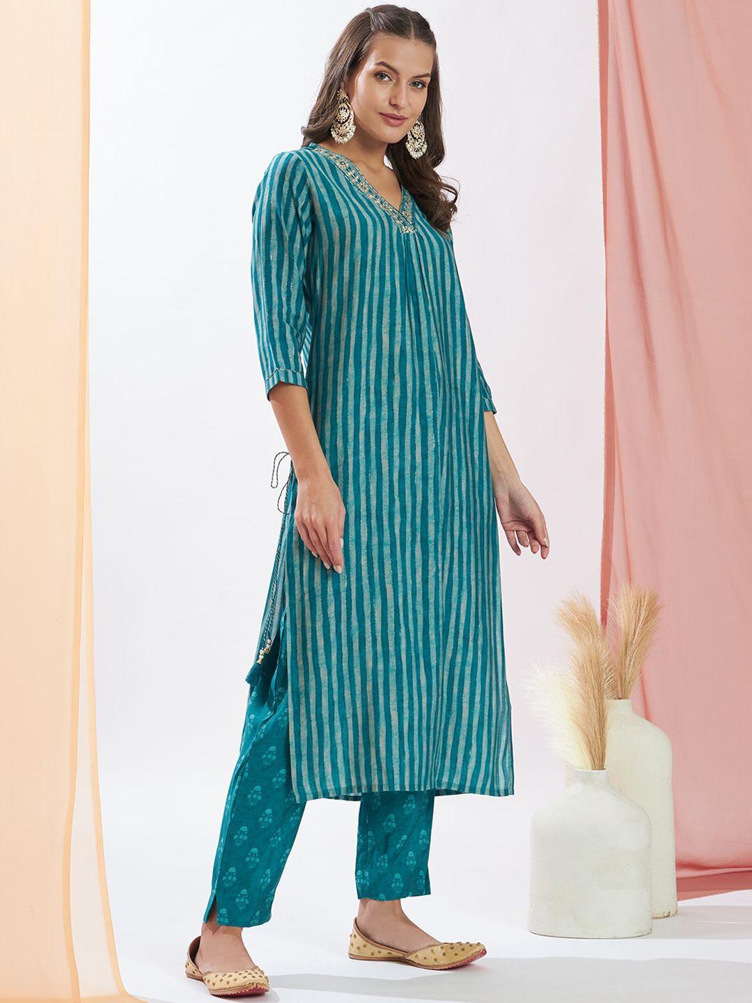 heeposh striped regular jute cotton kurta with trousers & dupatta