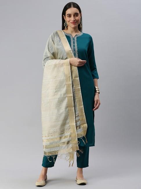 heeposh teal blue embroidered kurta pant set with dupatta