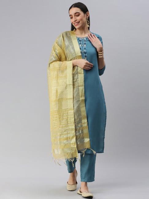 heeposh teal blue embroidered kurta pant set with dupatta