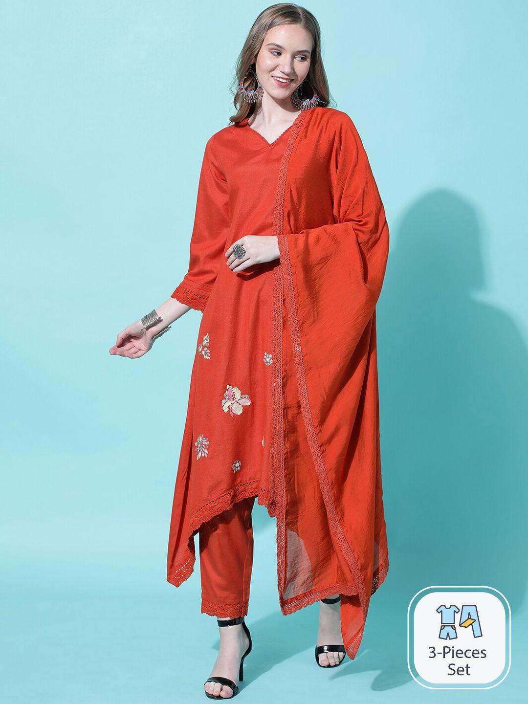 heeposh v-neck thread work detail a-line kurta & trousers with dupatta