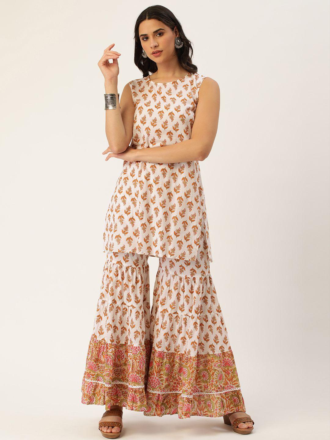 heeposh white & orange ethnic motifs printed pure cotton kurta with sharara