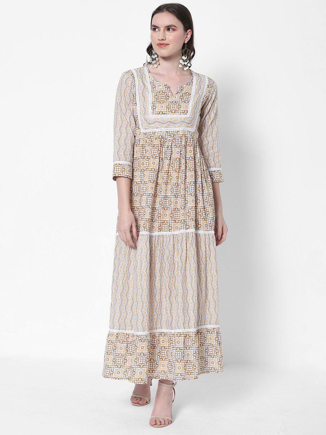 heeposh women beige & white ethnic motifs maxi cotton dress
