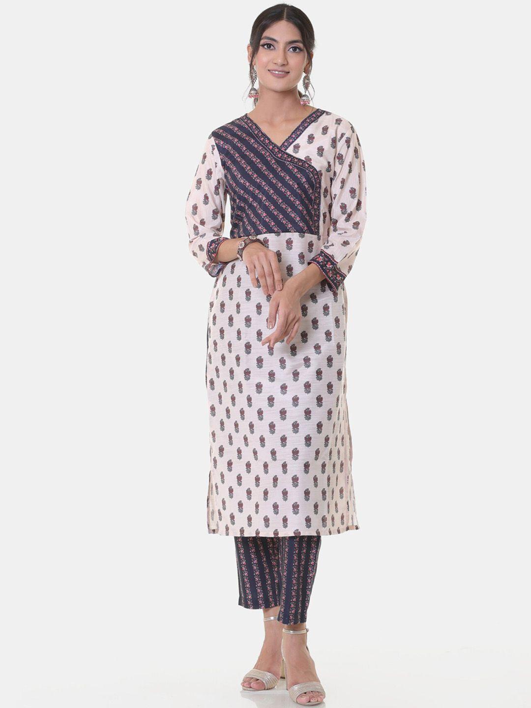 heeposh women beige ethnic motifs printed angrakha kurti with trousers