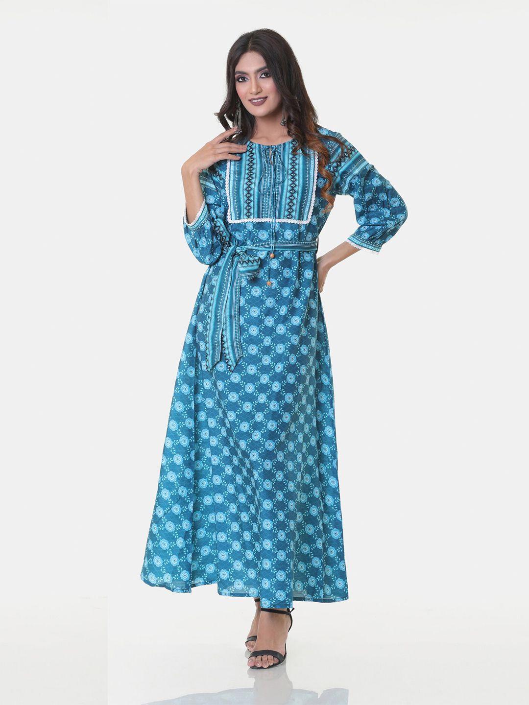 heeposh women blue ethnic floral printed  maxi dress