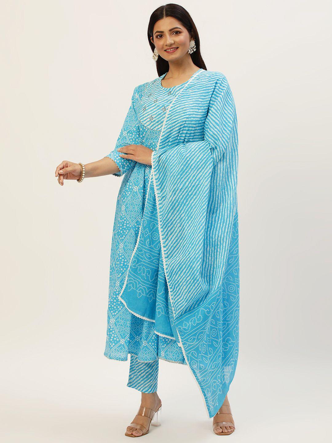 heeposh women blue leheriya printed thread work pure cotton kurta with trousers & dupatta