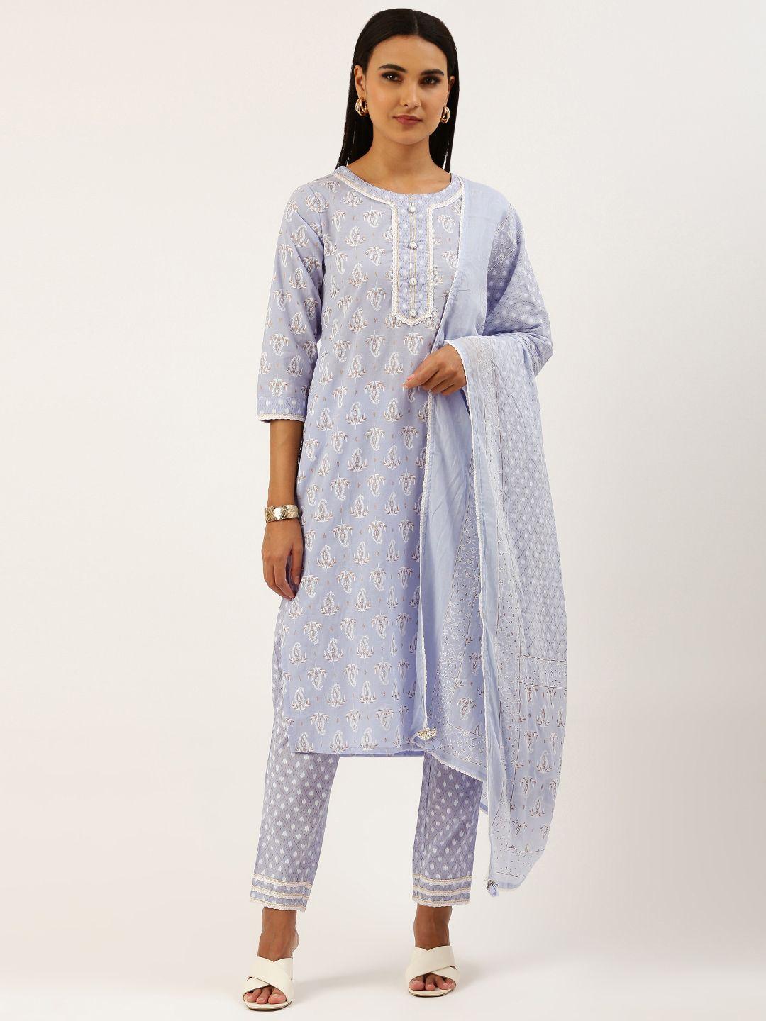 heeposh women blue pure cotton foil print mirror work kurta with trousers & dupatta