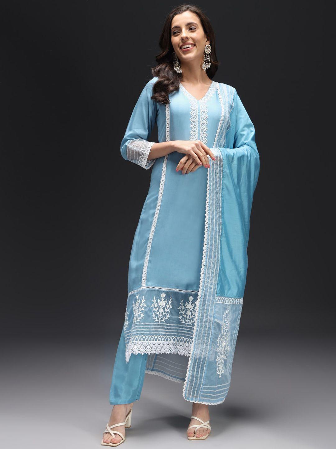 heeposh women embroidered regular thread work silk crepe kurta with trousers & with dupatta