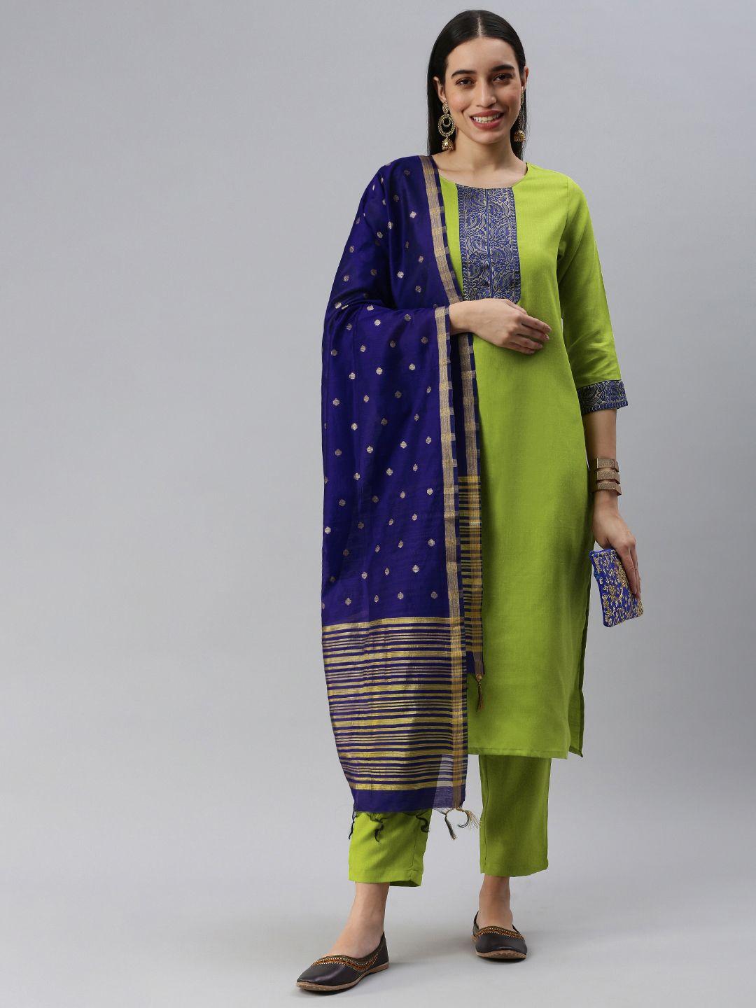 heeposh women green paisley yoke design kurta with trousers & with dupatta