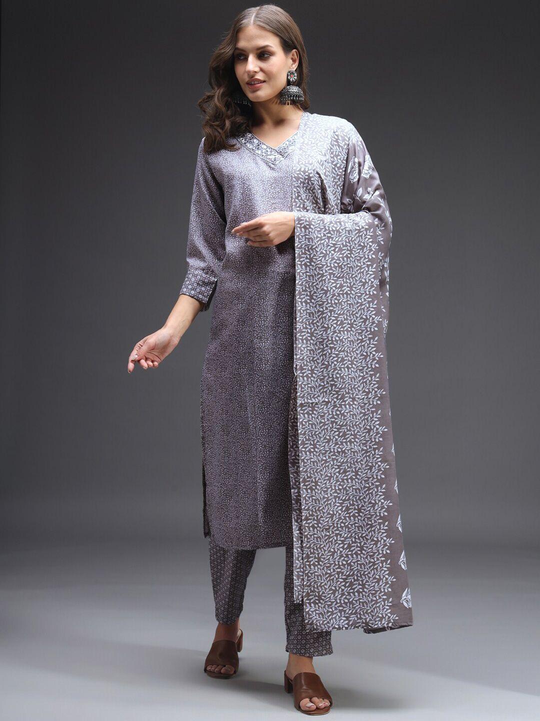 heeposh women grey printed regular mirror work kurta with trousers & with dupatta