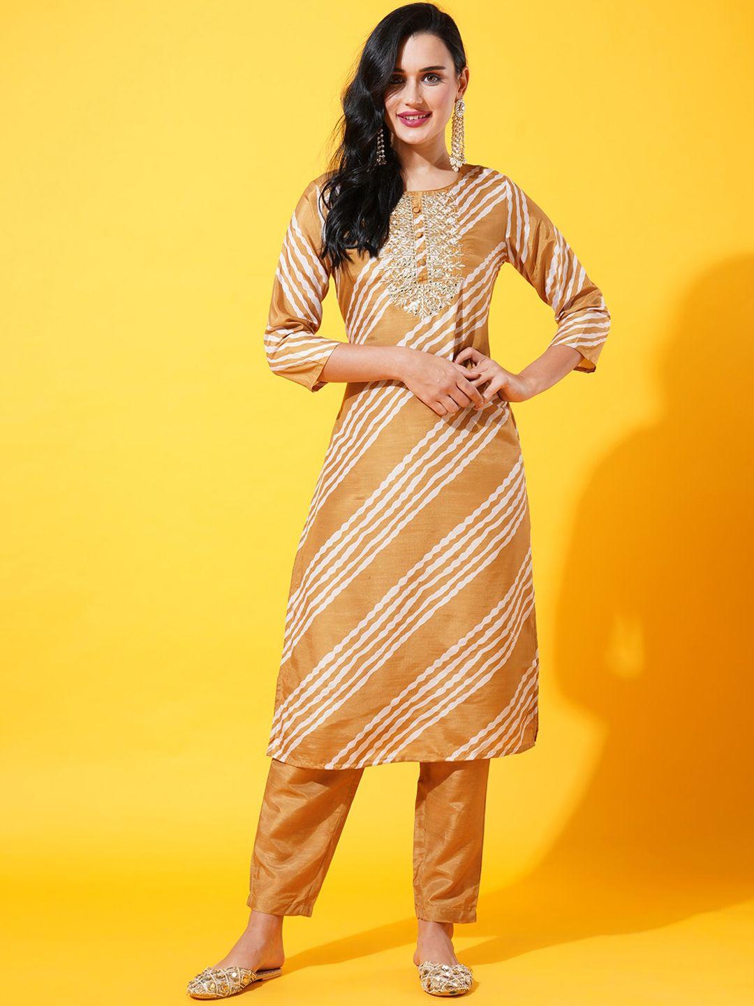 heeposh women leheriya printed kurta with trousers & dupatta