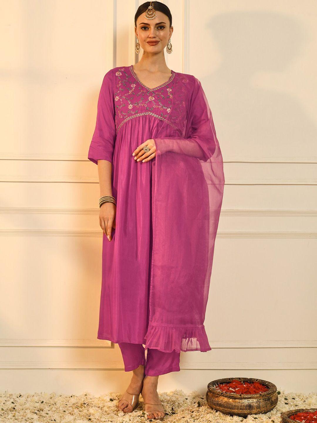 heeposh women magenta ethnic motifs embroidered regular thread work kurta with trousers & with dupatta