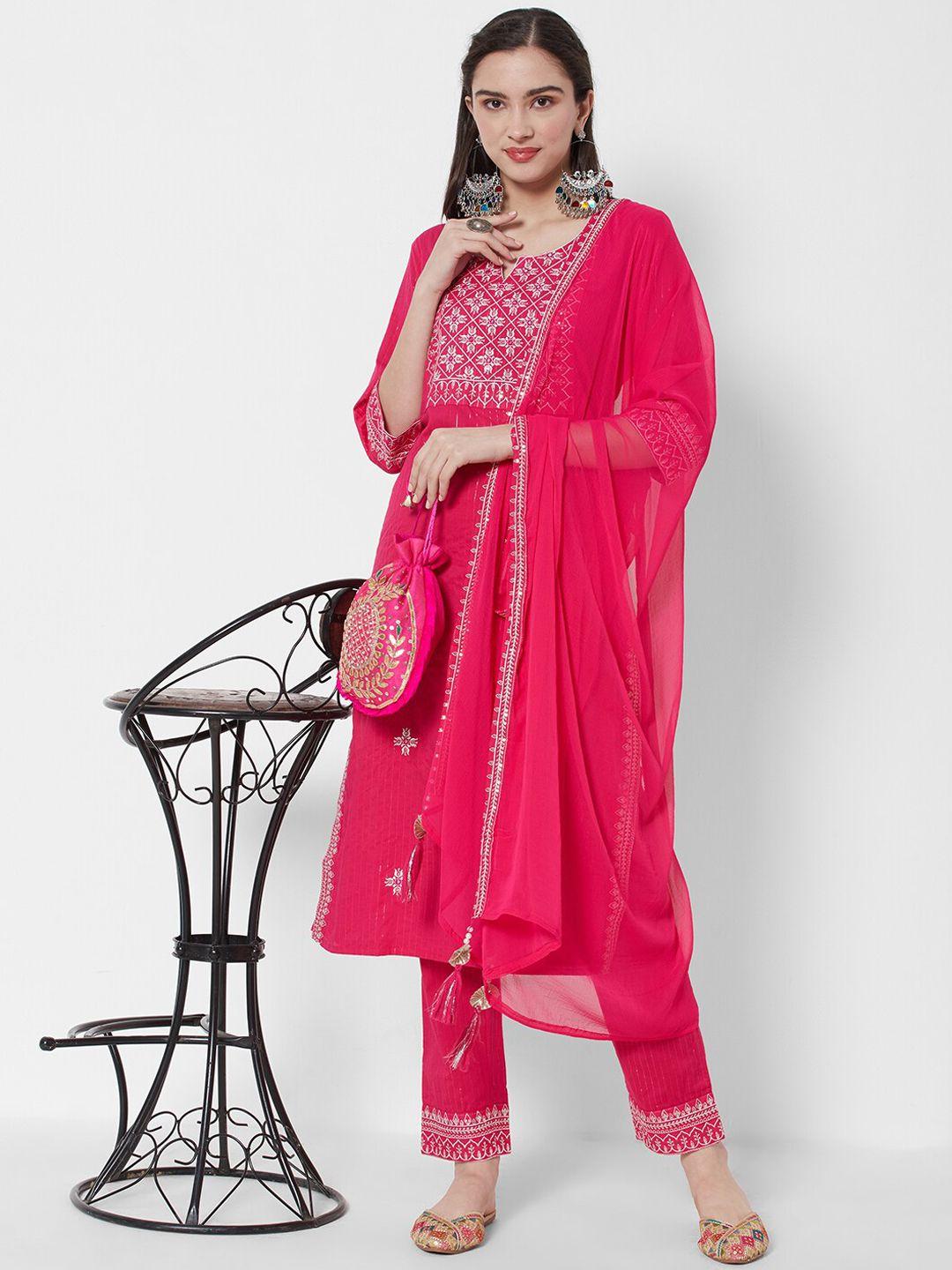 heeposh women magenta floral embroidered thread work pure cotton kurta with trousers & with dupatta