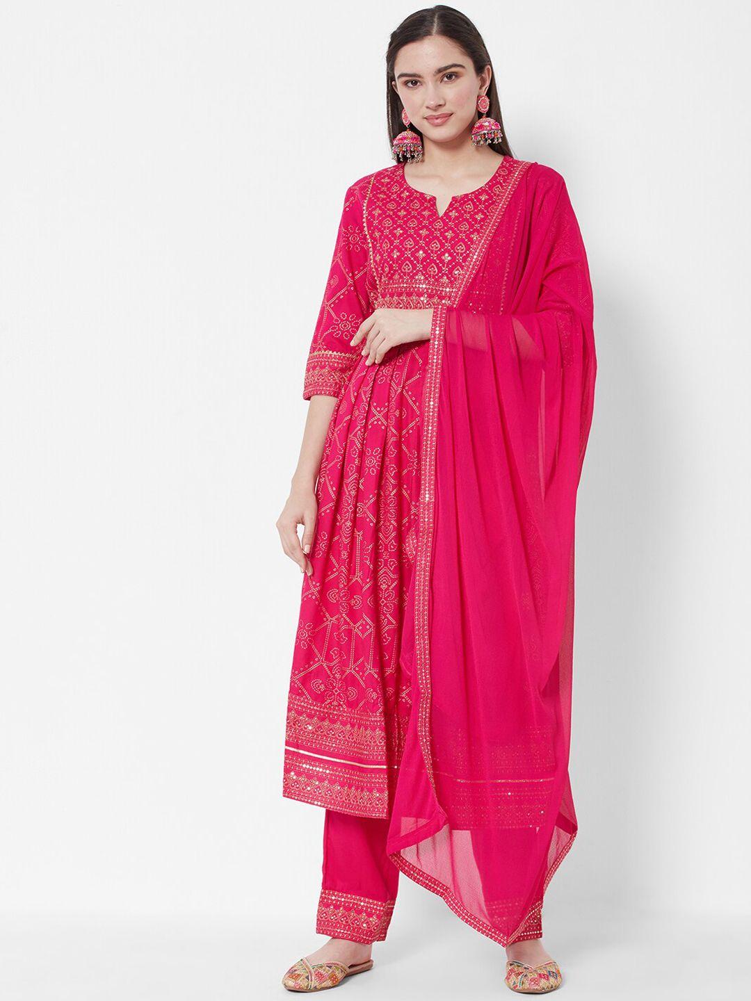 heeposh women magenta floral yoke design sequinned high slit kurta with trouser & dupatta