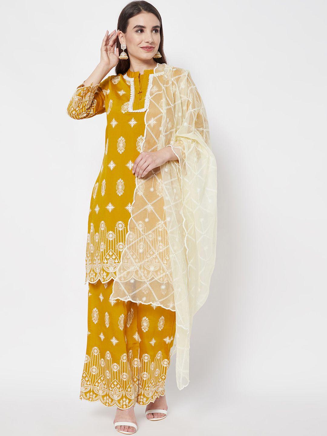 heeposh women mustard yellow floral embroidered thread work kurta with palazzos & dupatta