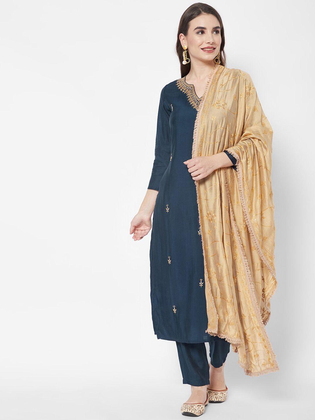 heeposh women navy blue paisley embroidered thread work kurta with trousers & with dupatta