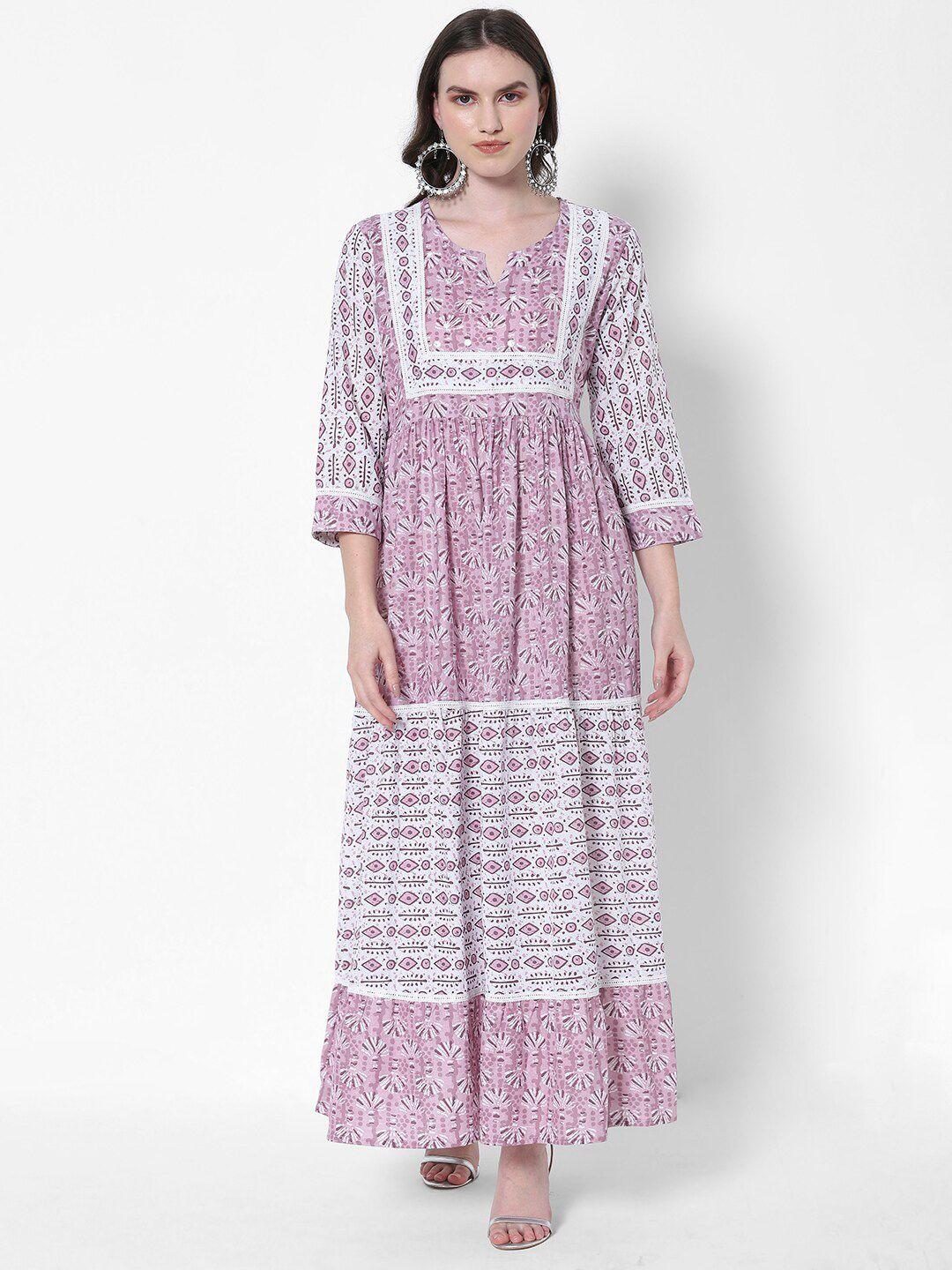 heeposh women pink & white ethnic motifs maxi cotton dress