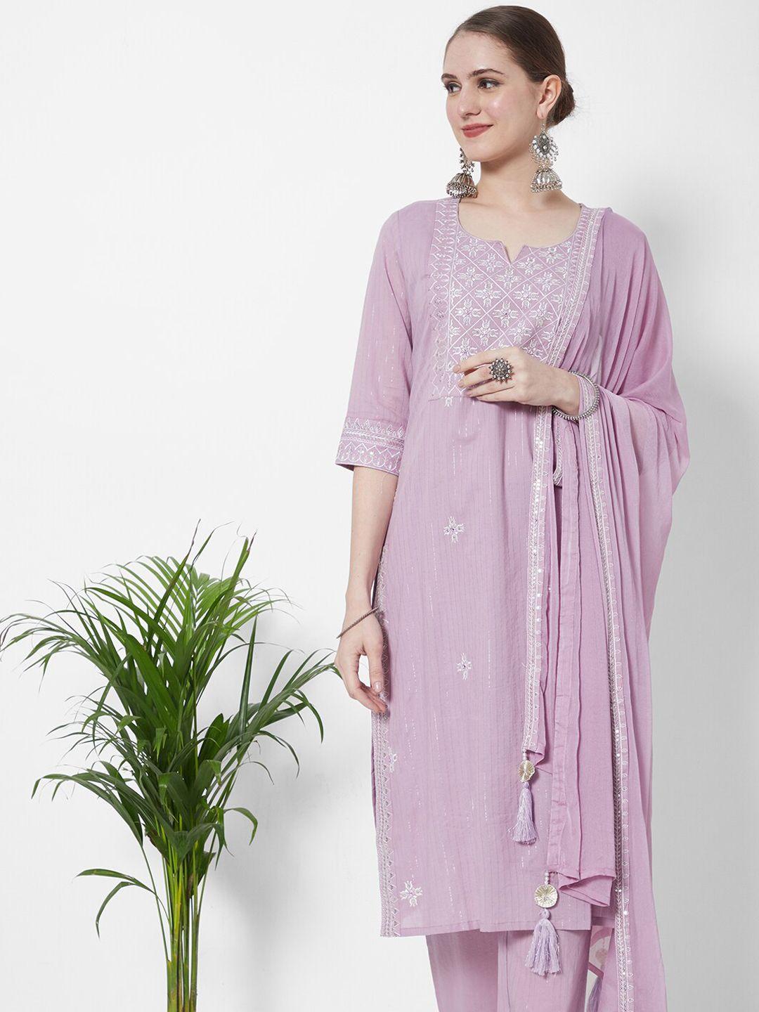 heeposh women pink embroidered thread work pure cotton kurta with trousers & with dupatta