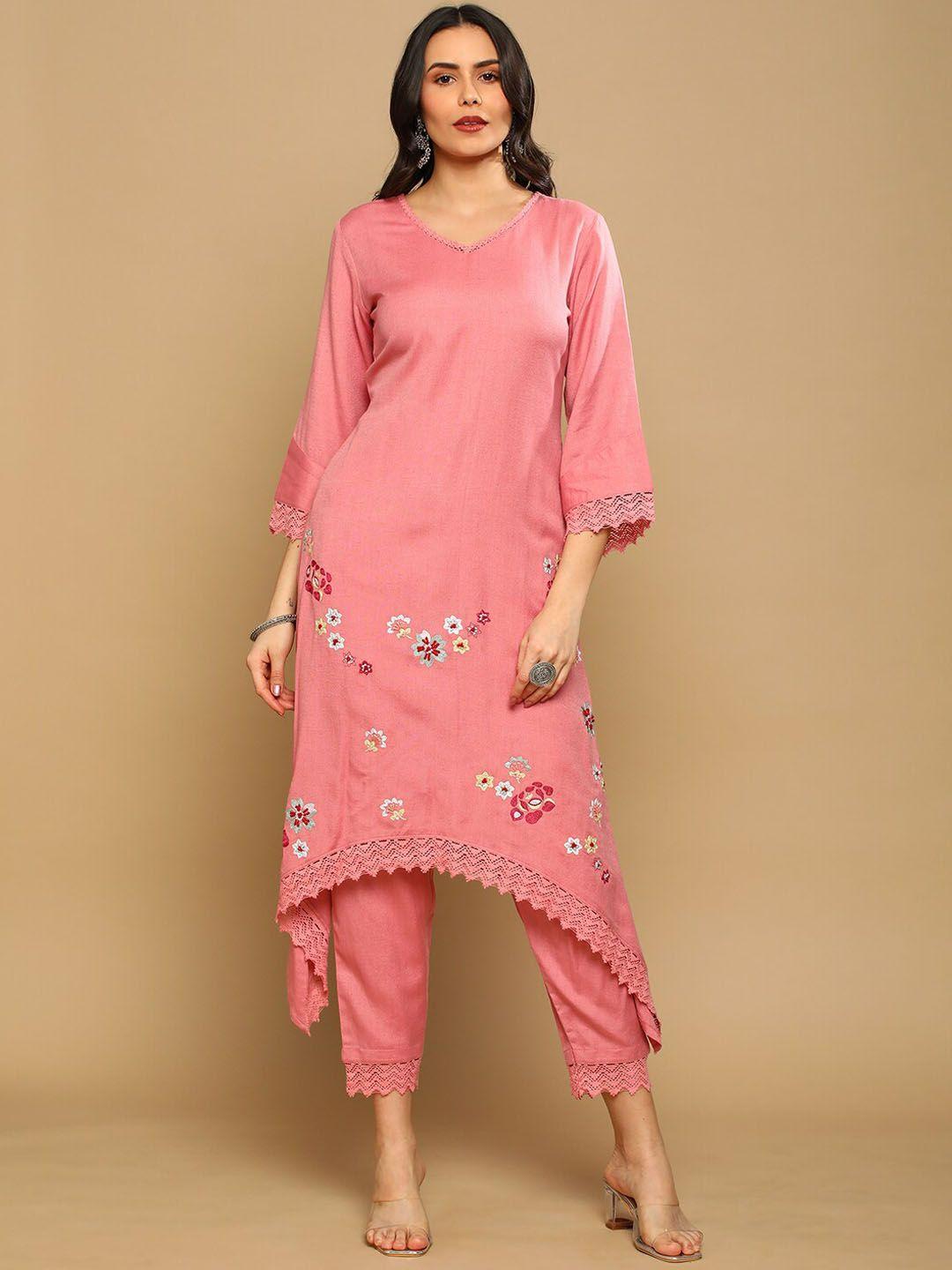 heeposh women pink floral embroidered empire sequinned kurta with trousers & with dupatta