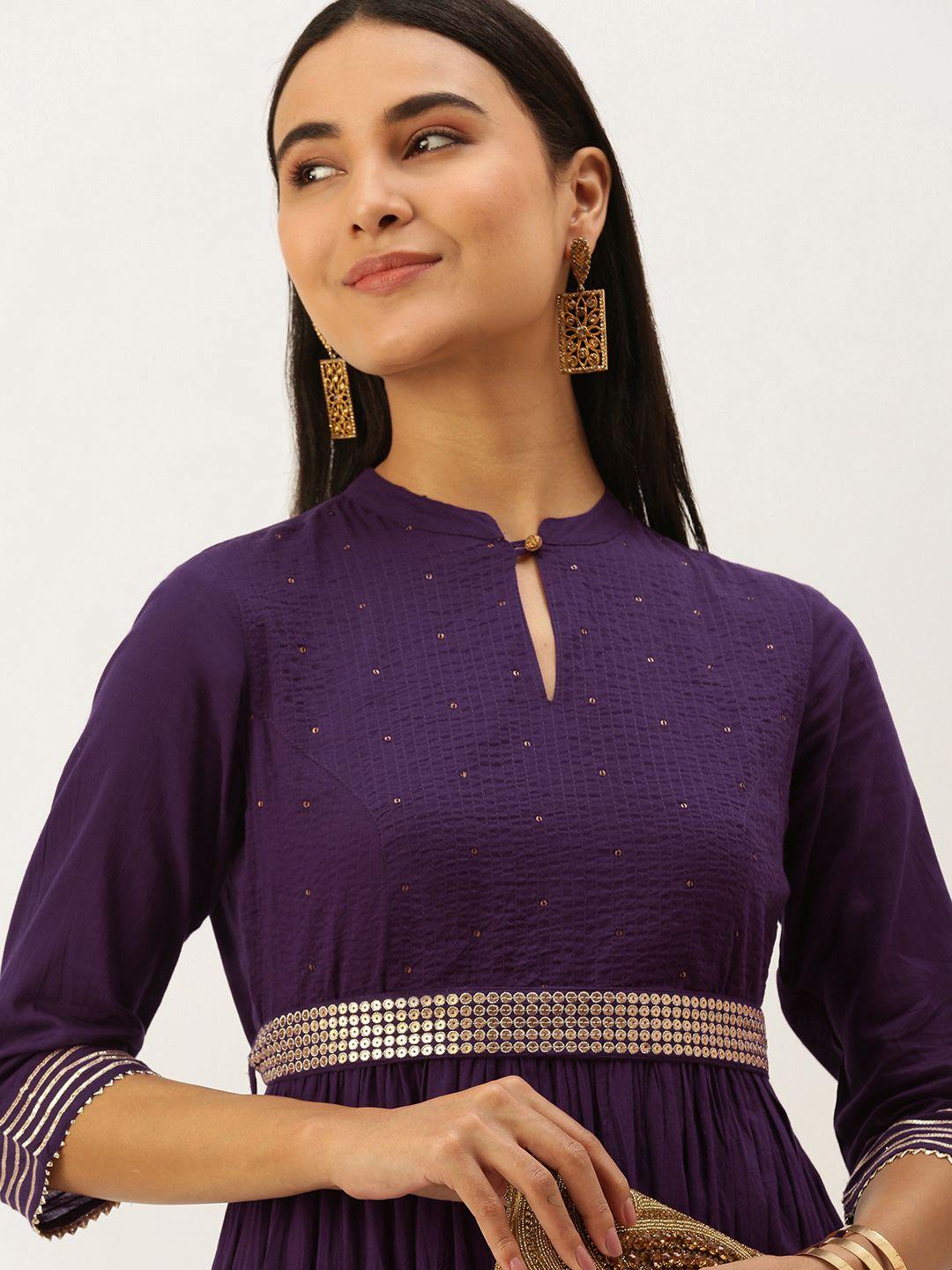 heeposh women purple & gold-toned pure cotton foil printed ethnic dress with sequin detail