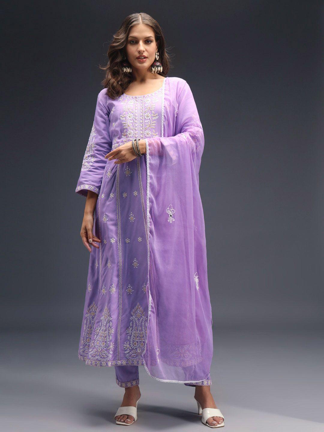 heeposh women purple ethnic motifs embroidered empire chikankari kurta with trousers & with dupatta