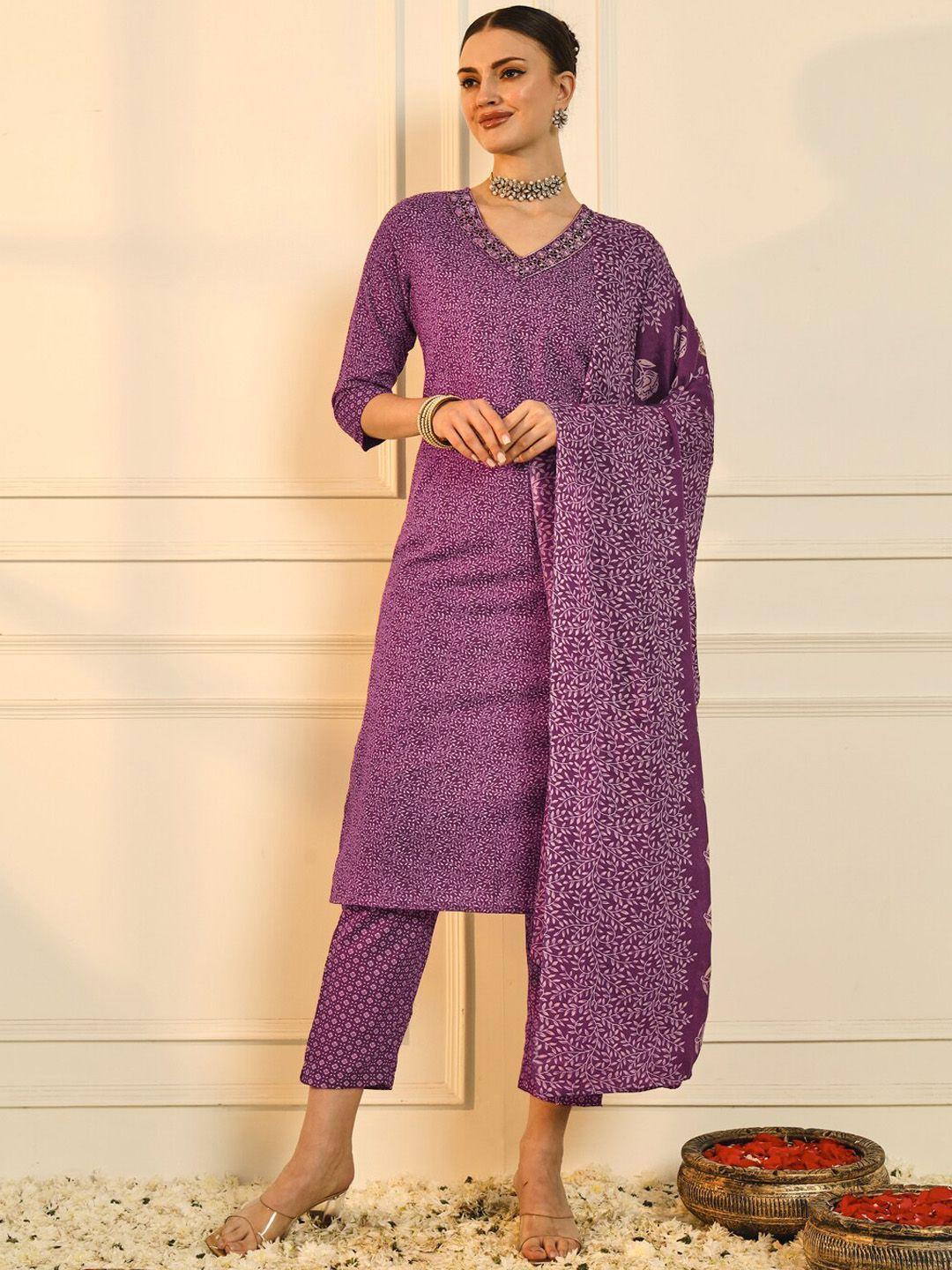 heeposh women purple printed regular mirror work kurta with trousers & with dupatta